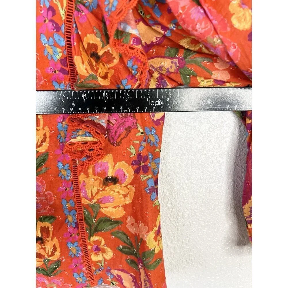 Farm Rio Top Spring Banana XS Floral Ruffle Puff Sleeve Boho Artsy Vacation
